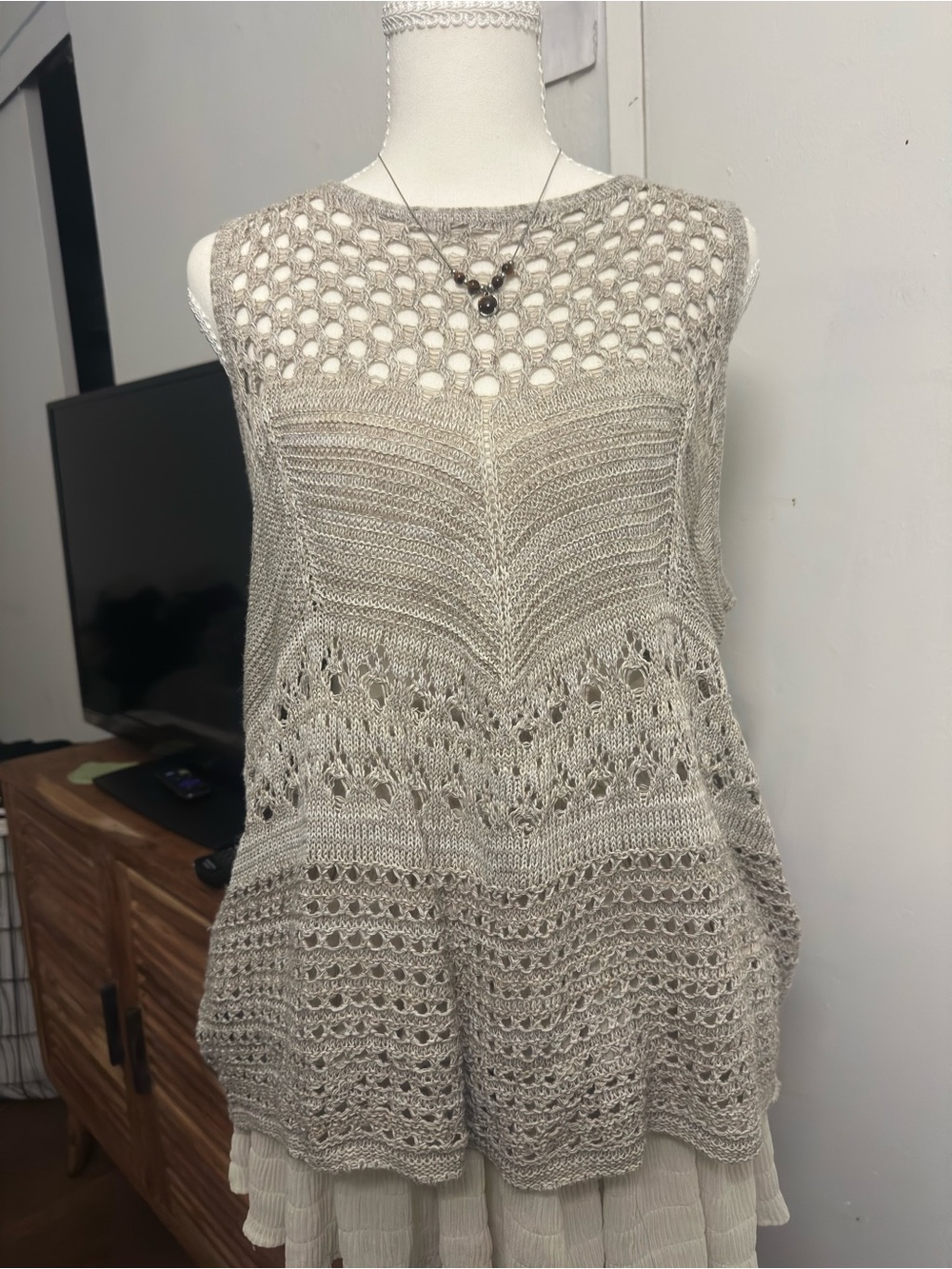 a.n.a Open-Knit Sleeveless Layering Top in Light Beige
